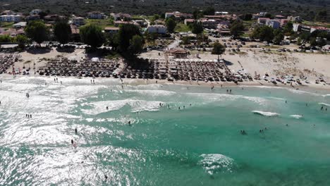 Beautiful-drone-aerial-Beach-from-Thassos-Grece-Crowded-Mountain