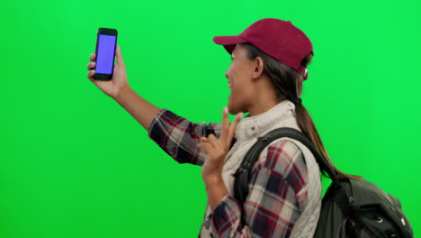 Green-screen,-selfie-and-woman-with-piece-sign