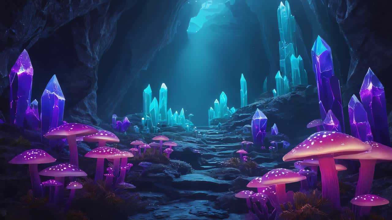 Mystical Cave with Crystals and Mushrooms