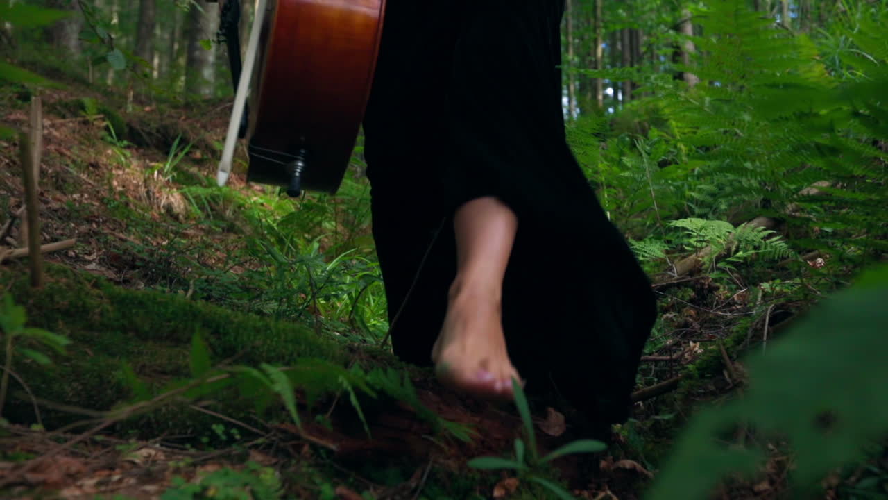 Girl with her cello in nature. Beautiful woman holding cello on nature background