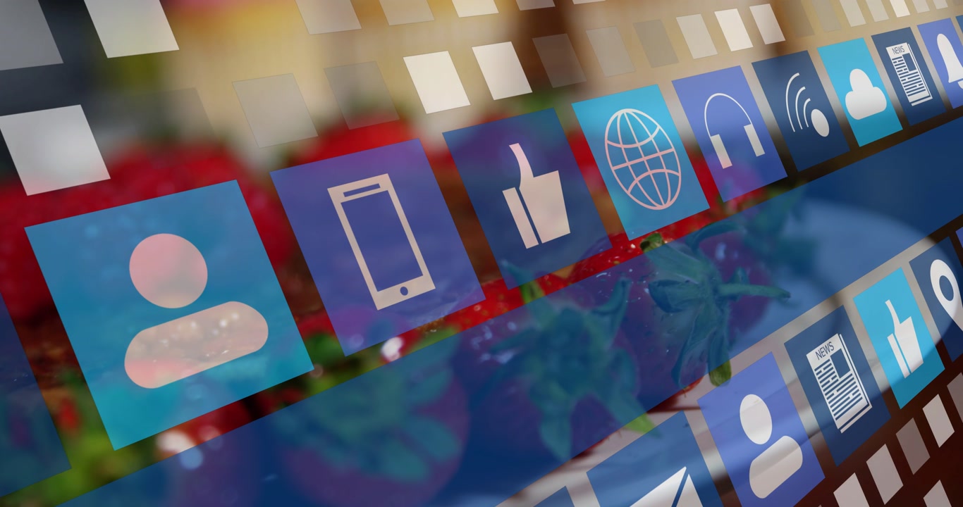 On load moving diagonal blue app tiles sliding across plate, revealing icons and showing navigation