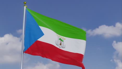 Flag-Of-Equatorial-Guinea-Moving-In-The-Wind-With-A-Clear-Blue-Sky-In-The-Background,-Clouds-Slowly-Moving,-Flagpole,-Slow-Motion