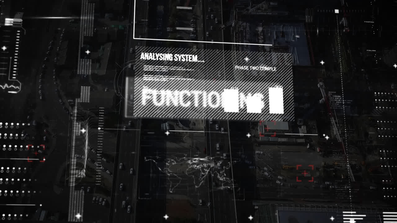Animation of data processing and analysing on screen over cityscape