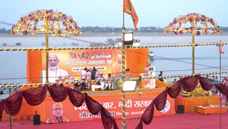 decorated stage for bjp election campaign at assi ghat hindu temple at the shore of river ganga