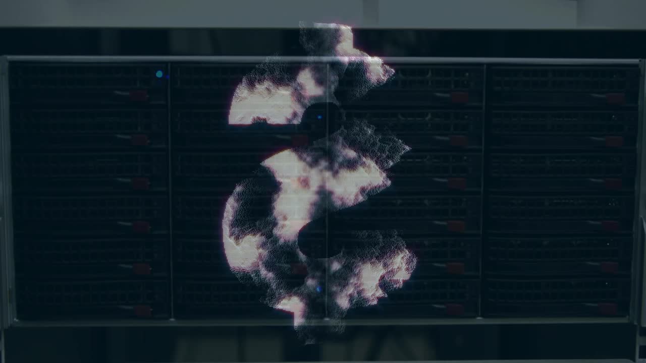 símbolo de dólar girando contra el primer plano de un servidor de computadora