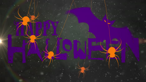 animación de arañas y murciélagos sobre el texto feliz de halloween en fondo negro