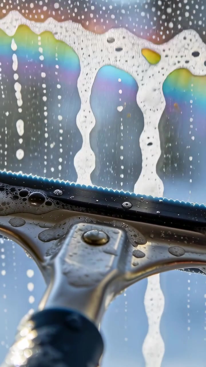 Vertical video: Wiping squeegee pushing upward across inside window, clearing soap and rainbow
