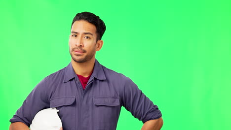 Green-screen,-engineer-and-Asian-man-shake-head