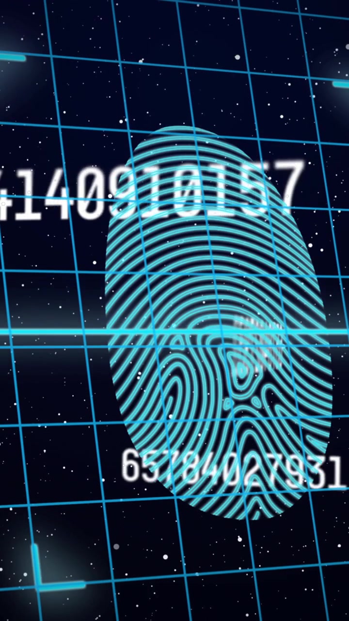 Animation of numbers changing with glowing blue fingerprint with grid in the background