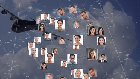 global network of connections animation over diverse business professionals and airplane