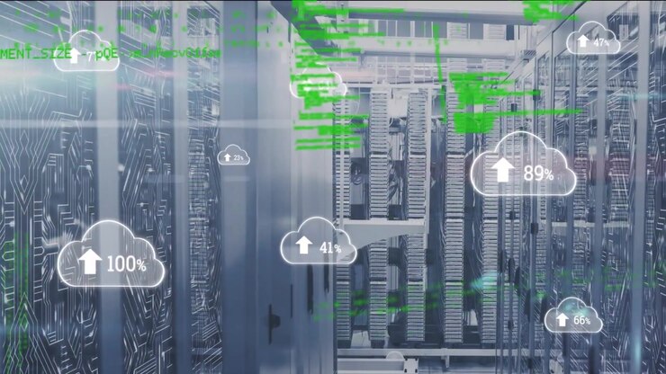 Data Center Server Room with Digital Cloud Upload Progress Graphics