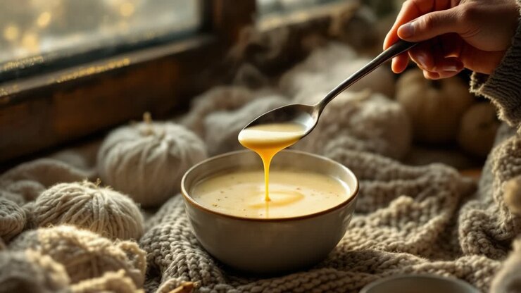 Hand gripping silver spoon, creamy pumpkin soup cascading above rustic bowl resting on knitted cloth, soft Christmas lights glimmering near window, embodying warm seasonal comfort