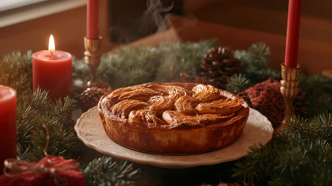 Oven timer signaling steam rising from fruit tart on kitchen table, pine branches, lit red candle