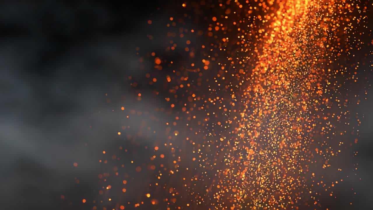 Mesmerizing Eruption of Glowing Particles: A Captivating Display of Fire and Light Against a Dark Smoky Backdrop Highlighting the Dance of Colorful Sparks and Bright Ashes