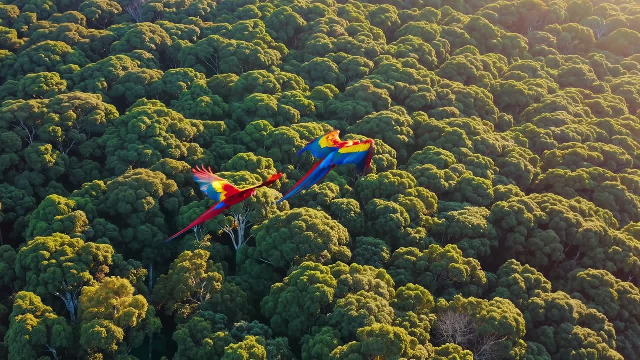 Aerial video captures two vibrant parrots soaring over lush green forest, showcasing a breathtaking
