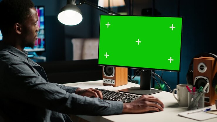 African american remote worker sitting at desk with isolated copy space