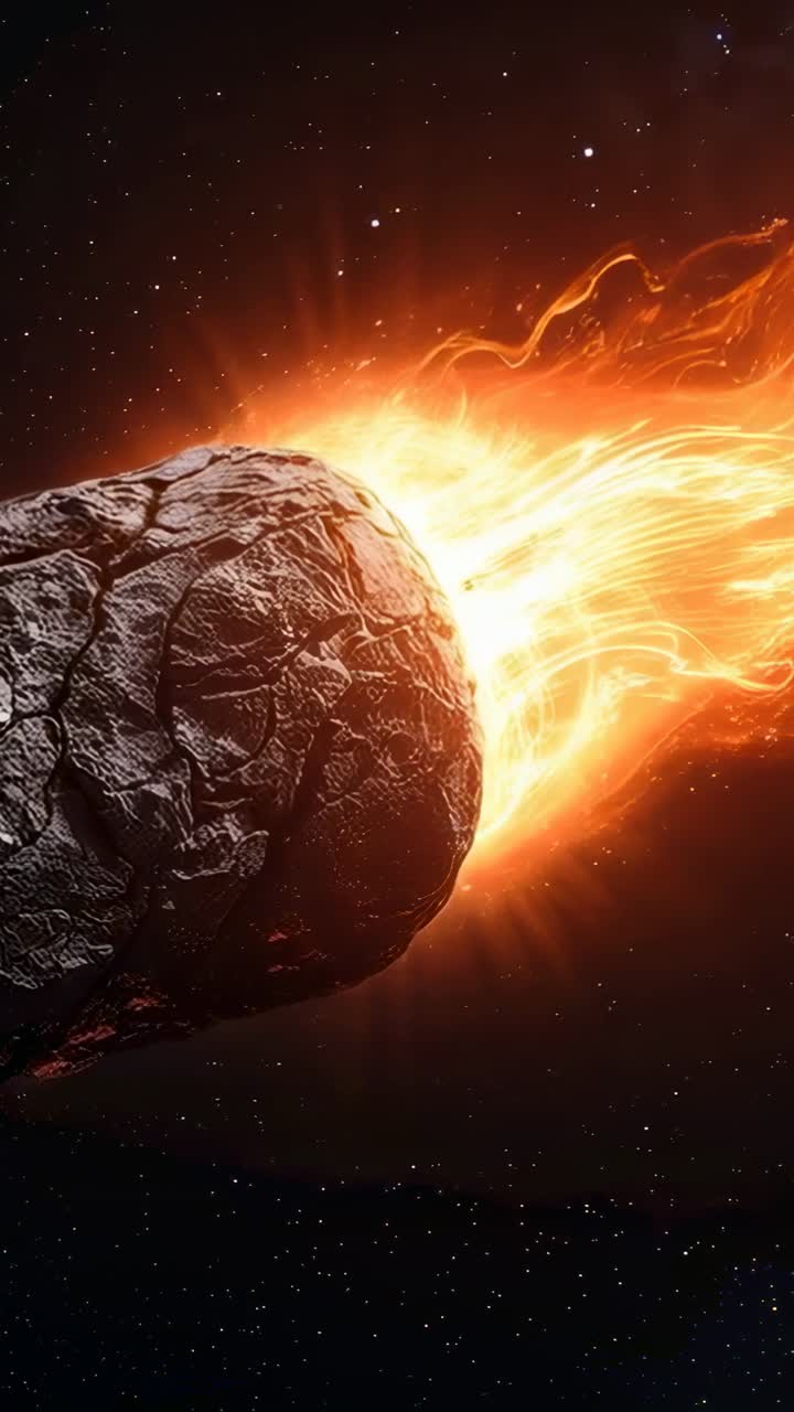 Video verticale: roccia spaziale in movimento che ruota vicino alle stelle, punto caldo posteriore che crea scia di plasma e braci