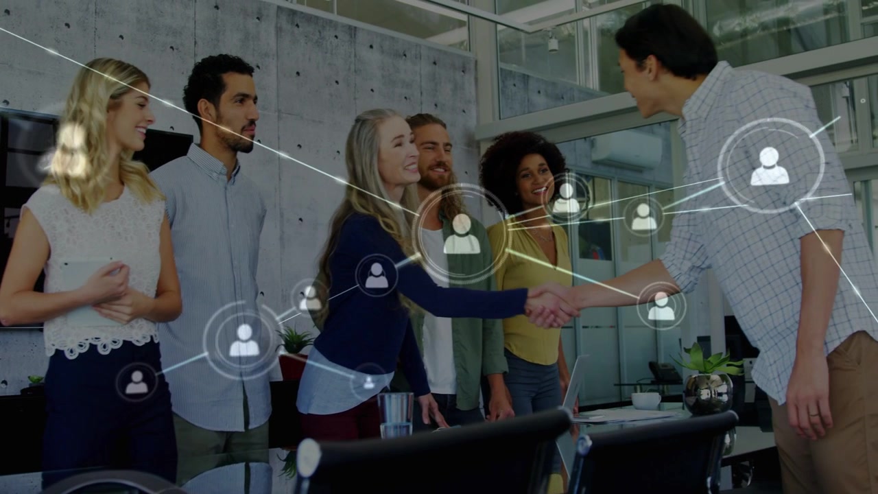 Central woman reaching, coming man shaking hands in greeting, net growing and linking users