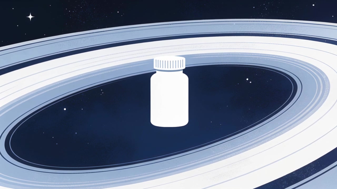 Avvio della riproduzione, flacone bianco di pillole con il tappo che balza verso l'alto, su uno sfondo di fasce ad anello blu scuro e stelle.