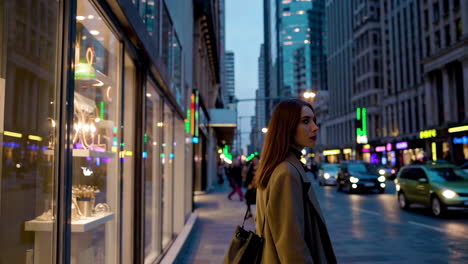 woman walking down a city street at night