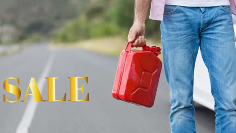 animación del texto de venta en oro sobre la sección media del hombre que camina en la carretera sosteniendo el jerrycan