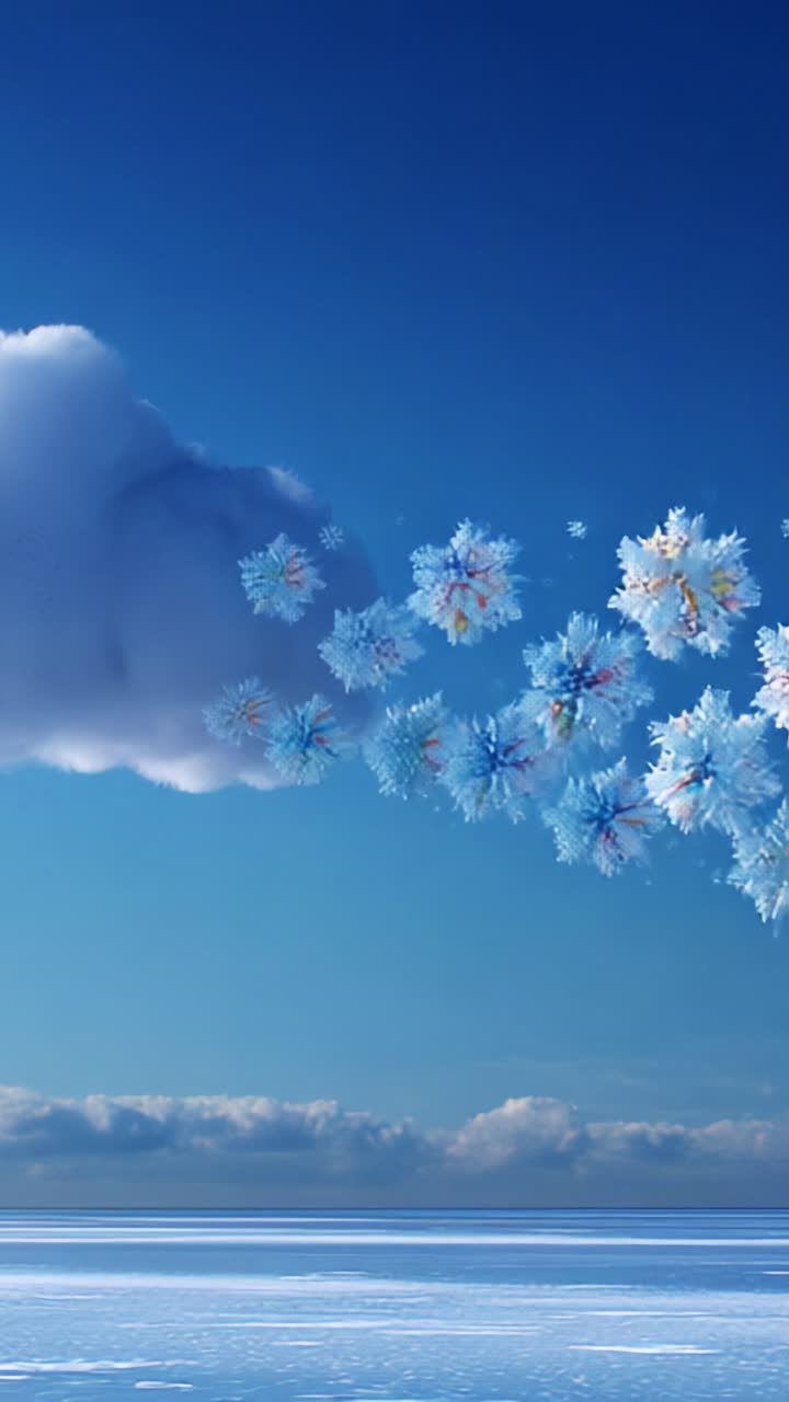 A Beautiful Display of Snowflakes Against a Clear Blue Sky with Wispy Clouds, Showcasing the Serenity and Magic of Winter Amidst the Calmness of the Frozen Landscape Below