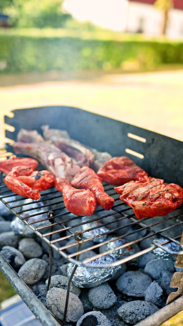 Grilling delicious meats on a sunny day in a backyard with friends enjoying the aroma and flavors of summer barbecue