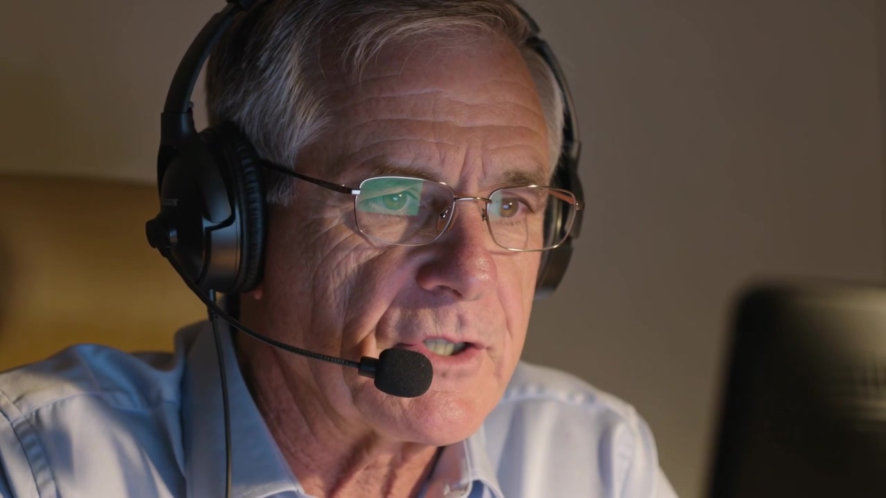 Answering call, senior man in blue shirt with headset glasses speaking, checking monitor at desk