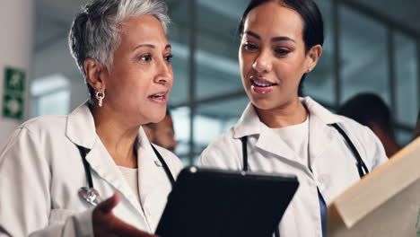 doctor, women together and tablet with documents
