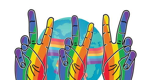 three rainbow colored hand peace signs against hands holding gay pride flags over globe