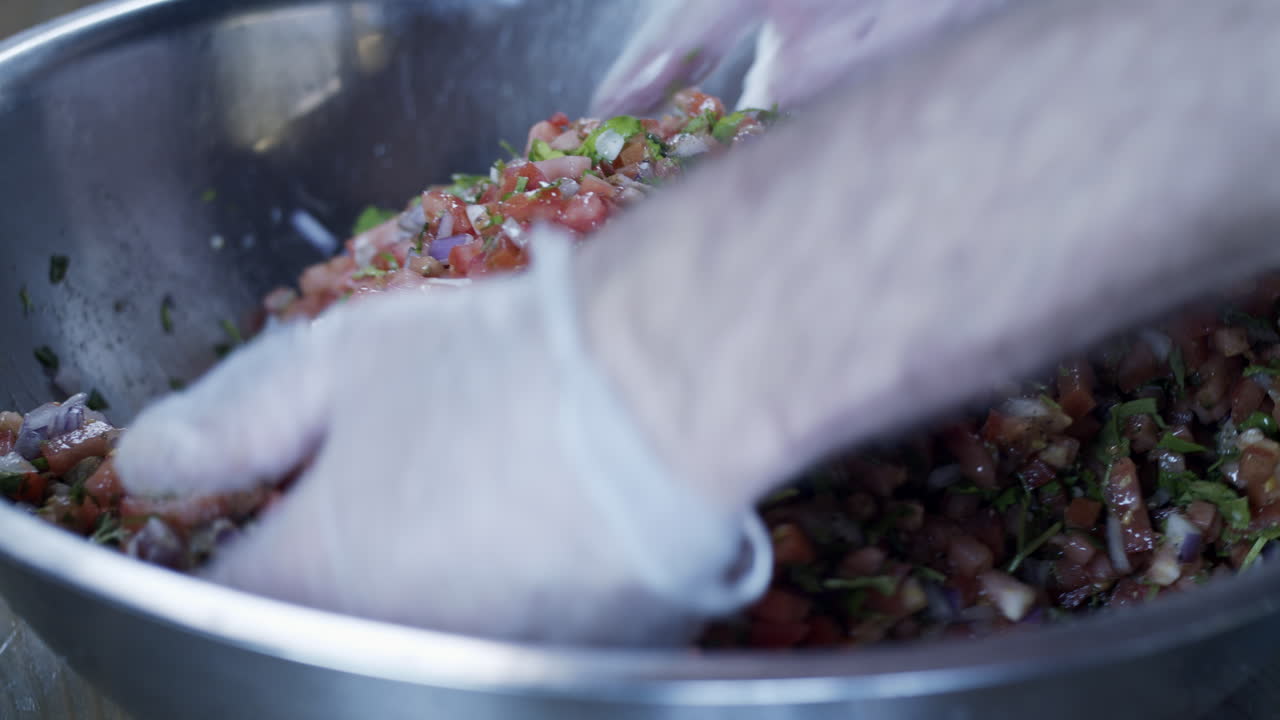 Hands mixing ingredients for salsa