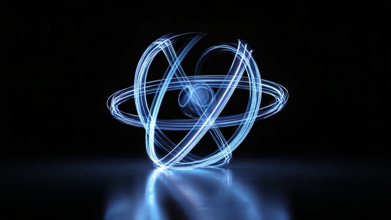 A Dynamic Representation of Atomic Structure with Glowing Blue Lines Illustrating Orbitals in Motion Against a Dark Background in a Visually Striking Composition