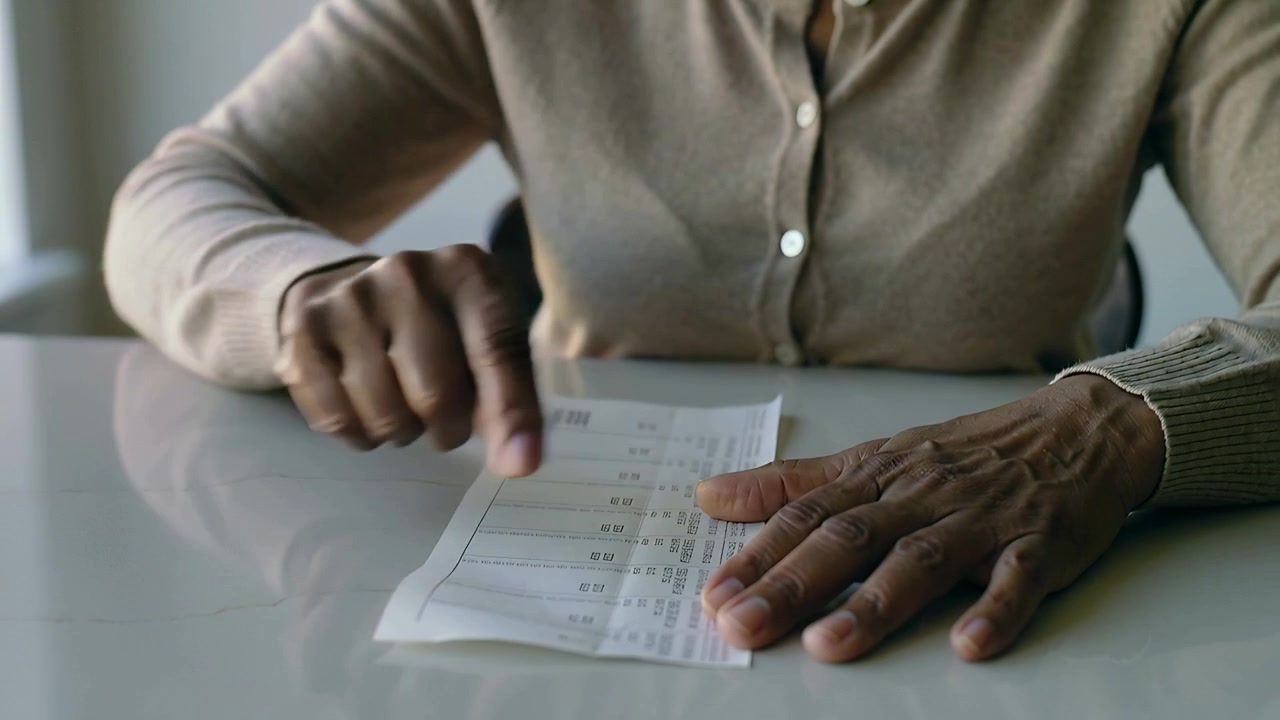 Tracing senior woman checking totals after receipt arriving at home table, beige cardigan visible