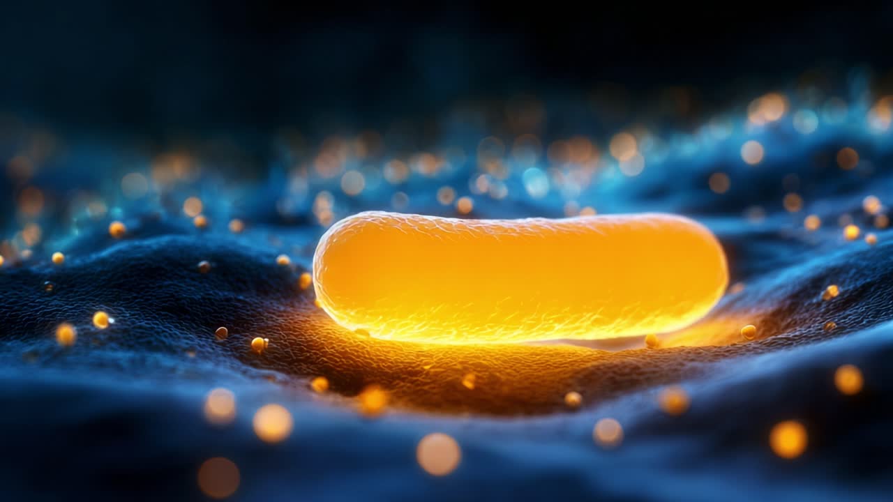 A Captivating Close-Up of a Glowing Bacterial Cell Surrounded by Illuminated Microbial Particles in an Abstract Bioenvironment
