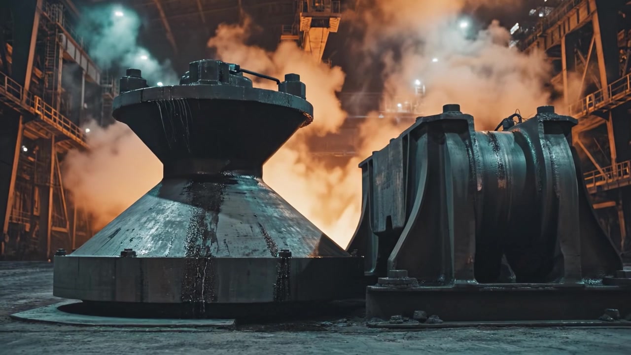 Industriscene med tungt maskineri og metallarbeid midt i røyk og belysning i et fabrikkmiljø, som fremhever produksjonsprosesser og utstyr.