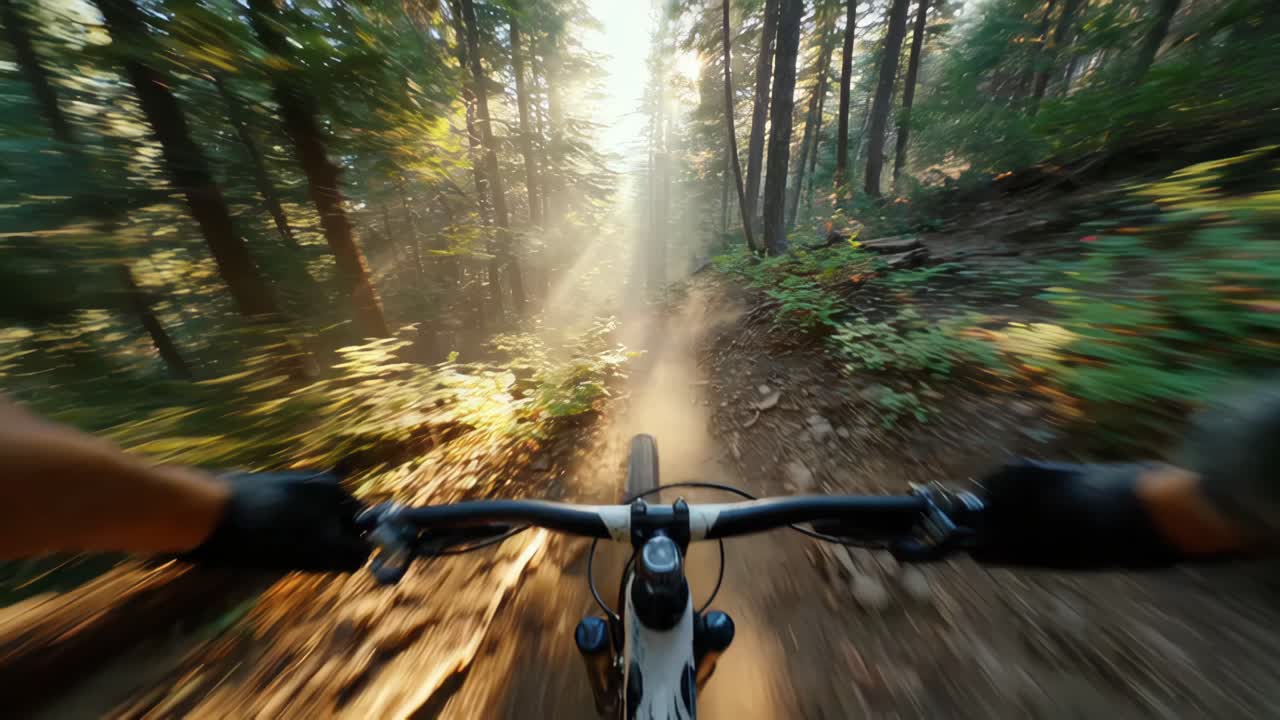 Thrilling forest bike ride sunlit trail adventure