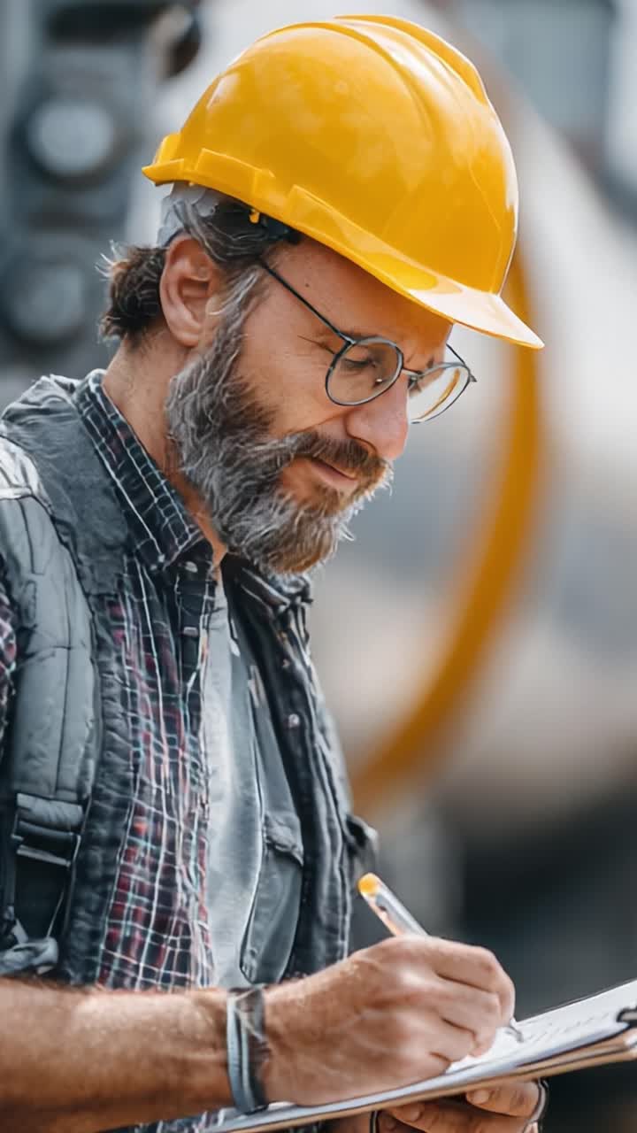 Focused Construction Worker in Safety Gear Taking Notes at a Job Site with a Yellow Hard Hat and Glasses, Emphasizing Safety and Precision in the Workplace