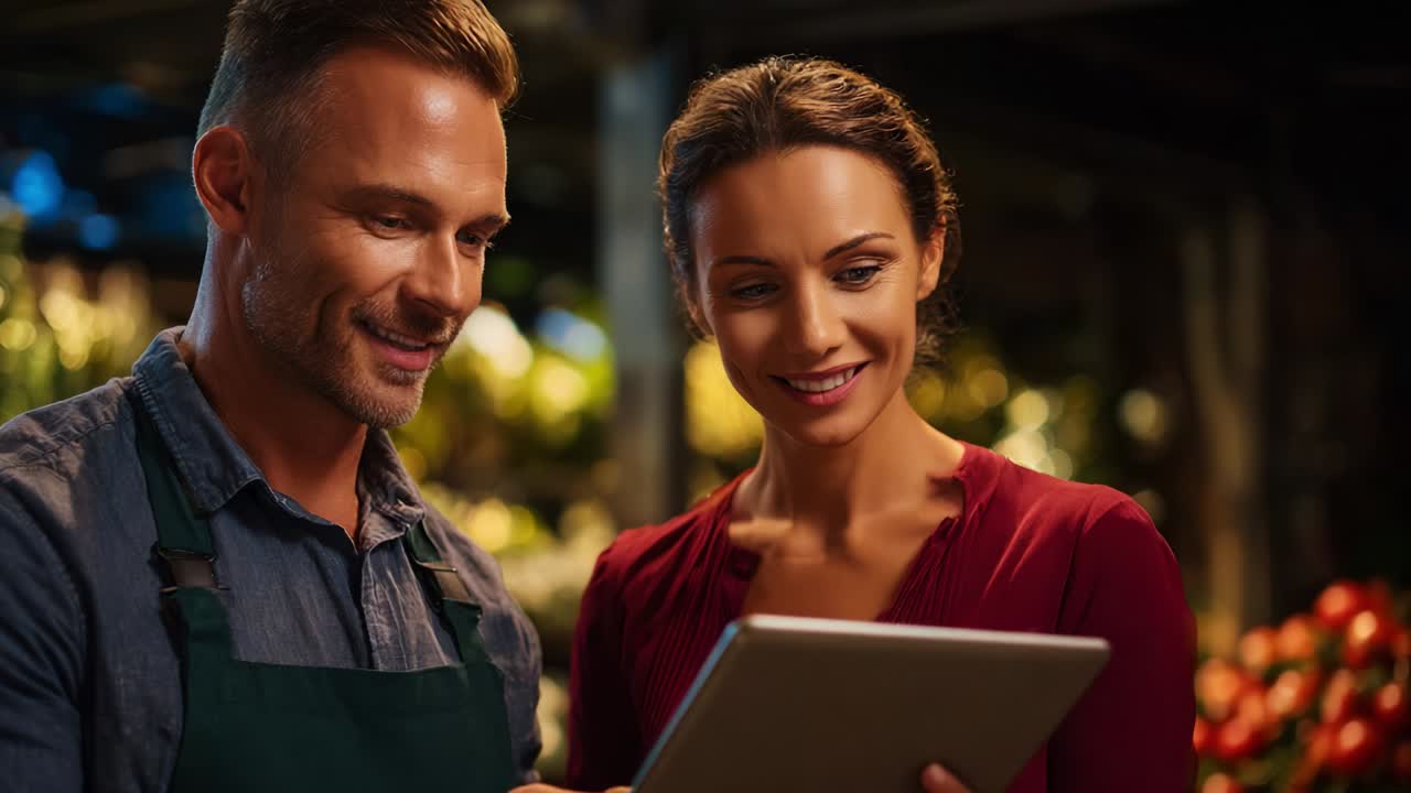 Exploring Technology in a Florist's Haven: A Man and Woman Collaborate on a Tablet, Surrounded by Blooming Flowers and Lush Greenery, Fostering Connection and Creativity Through Innovation