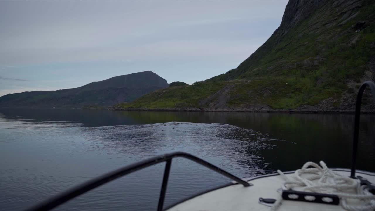 노르웨이에서 일몰 동안 바닷새가 수영하는 조용한 호수에서 보트 활에서 보기
