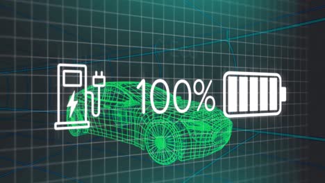 Animación-De-Datos-Del-Estado-De-Carga-En-La-Interfaz-Del-Vehículo-Eléctrico,-Sobre-Un-Modelo-De-Automóvil-En-3D.