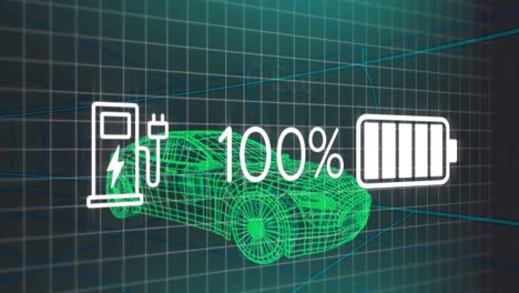 animación de los datos del estado de carga en la interfaz del vehículo eléctrico, en un modelo de coche 3d
