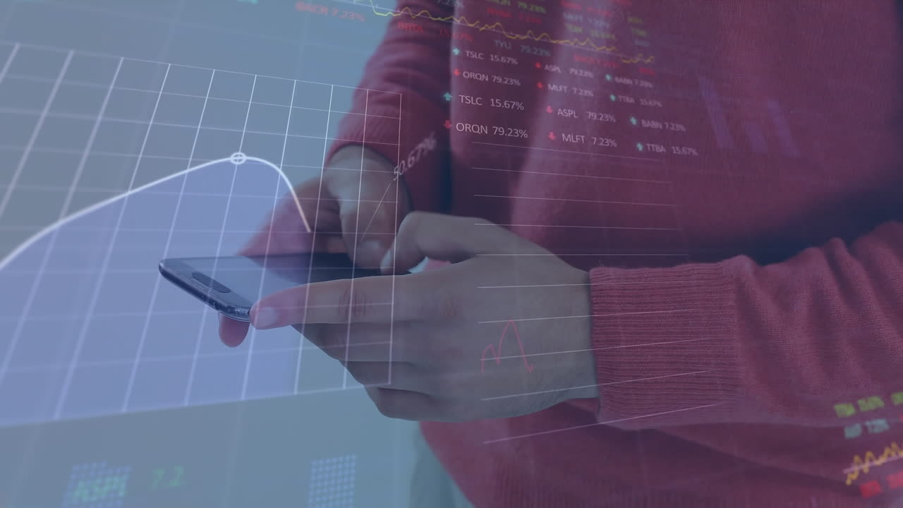 Animation of statistical, stock market data processing over mid section of a man using smartphone