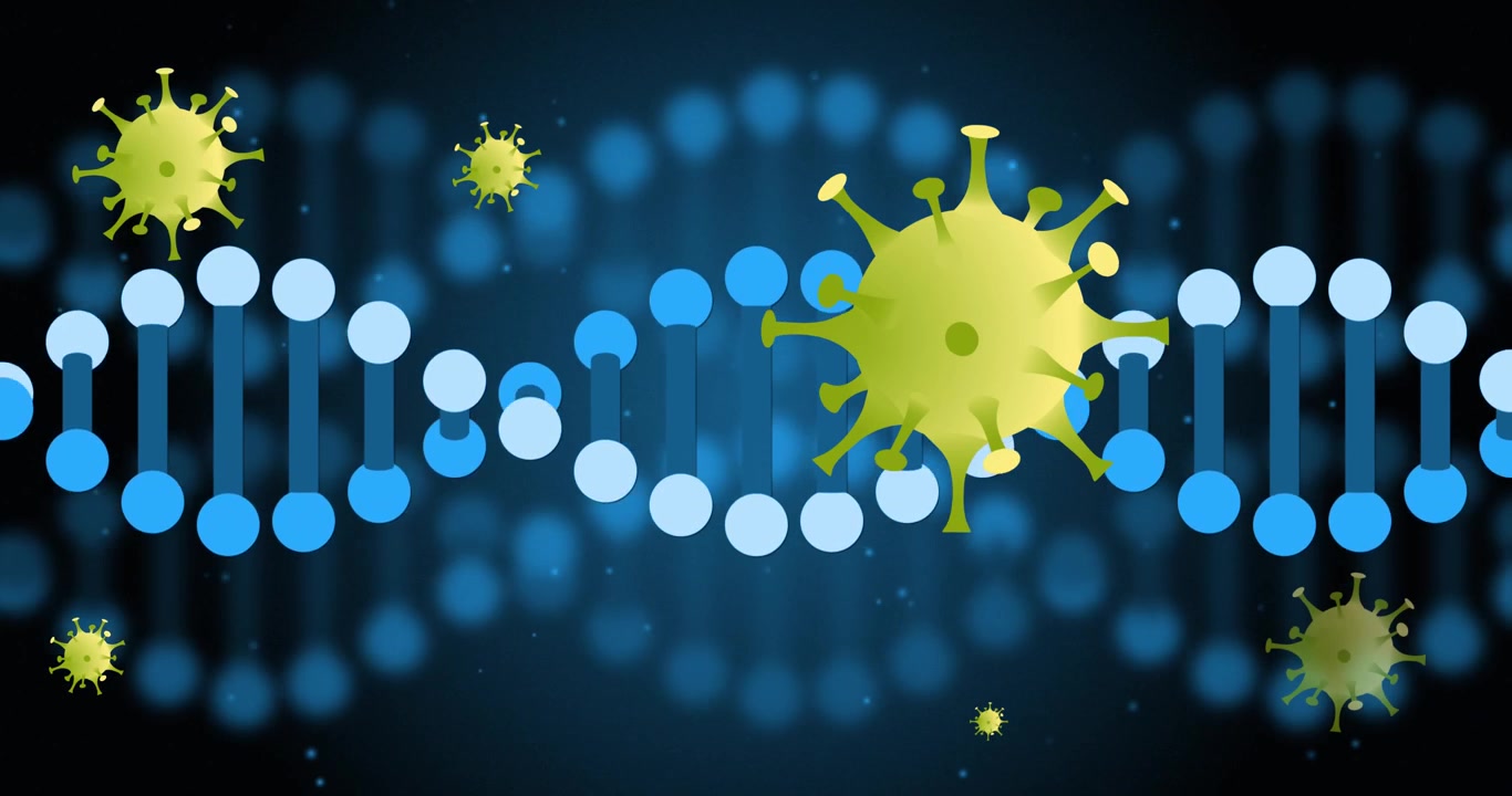Animation af DNA-streng og faldende celler over mørk baggrund