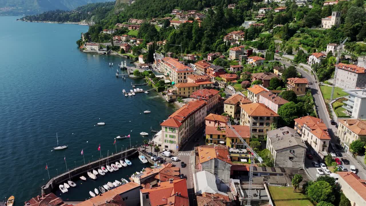 Aerial View of Picturesque Town with Harbor and Red Rooftops