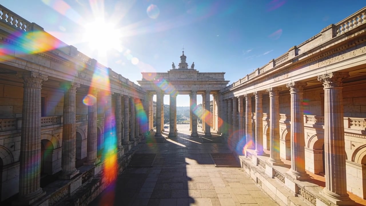 Sich nähernde Kamera enthüllt Säulenhof an einem Bogen und zeigt einen vertikalen Regenbogen-Lens-Flare.