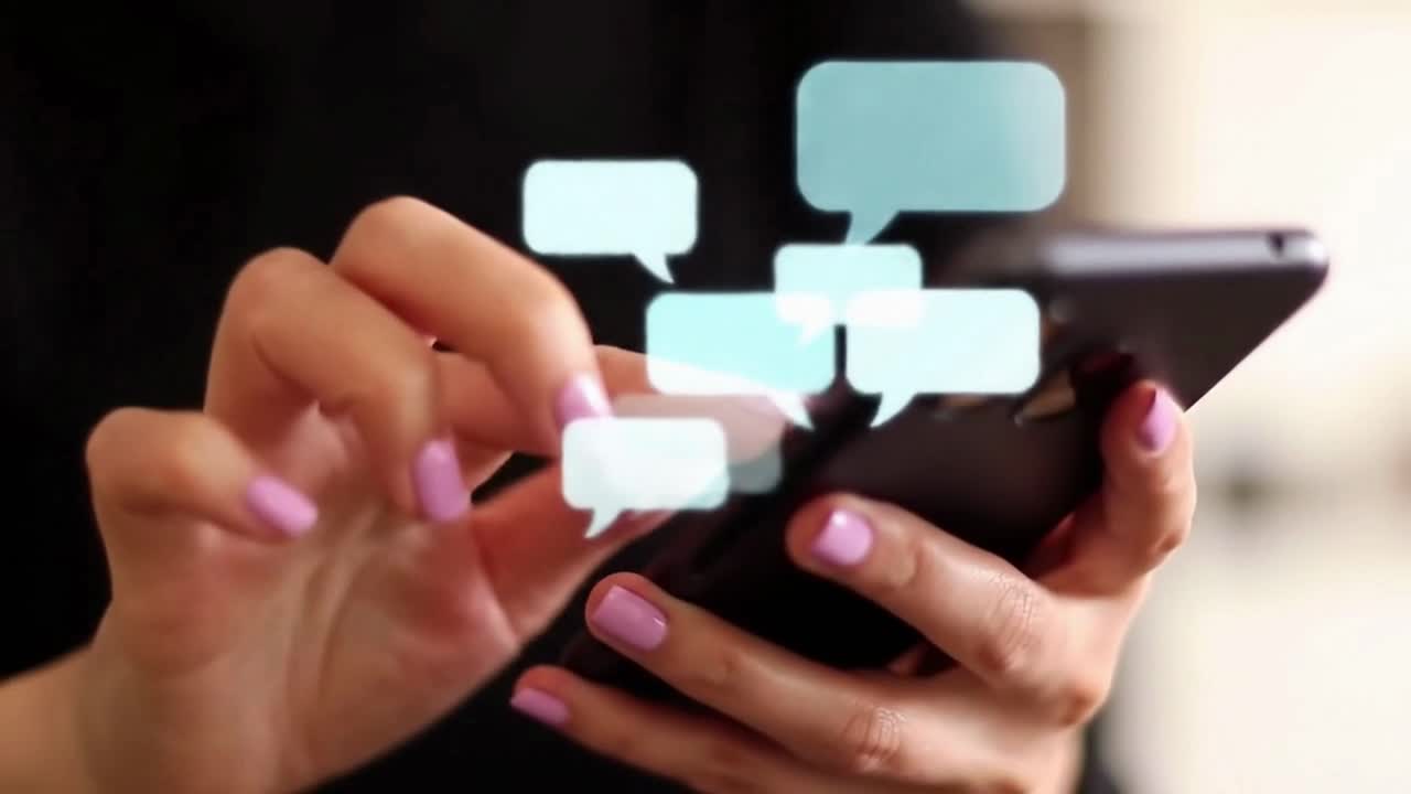 Woman Texting on a Smartphone with Chat Bubble Icons