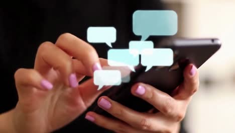 woman texting on a smartphone with chat bubble icons