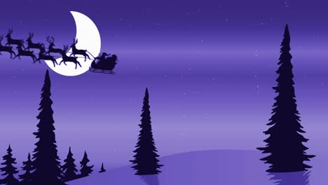 Animation-of-black-silhouette-of-santa-claus-in-sleigh-being-pulled-by-reindeers-against-winter-land