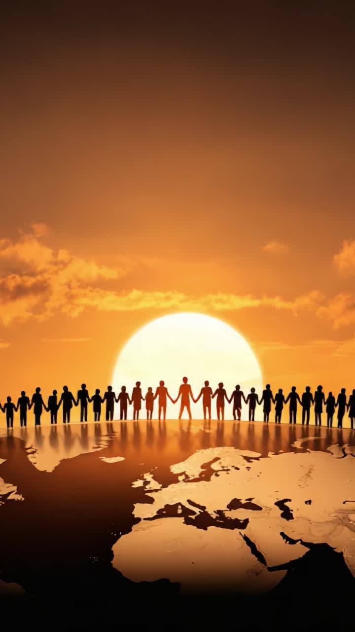 A Diverse Group of Silhouetted People Unite on a Globe at Sunset, Symbolizing Global Harmony, Togetherness, and Connection Across Cultures
