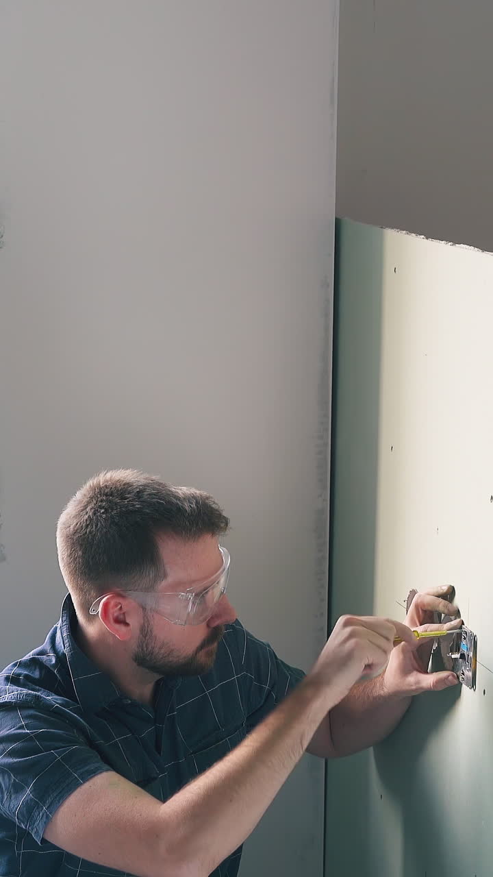 professional electrician in goggles and blue shirt fixes plug on light green wall using screwdriver in repairing room